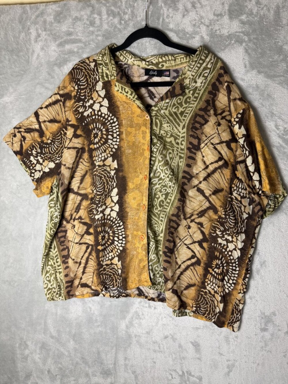 TAPESTRY Shirt Mens Multicolor Patchwork Button Up‎ Short Sleeve Made USA